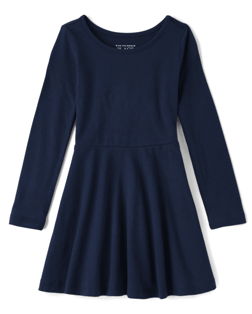 Toddler Girls Uniform Long Sleeve Knit Skater Dress - BLUE