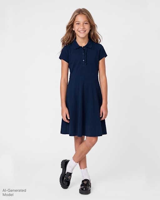 blue polo dress Girls Uniform Short Sleeve Ruffle Pique Knit - and signature embroidered logo