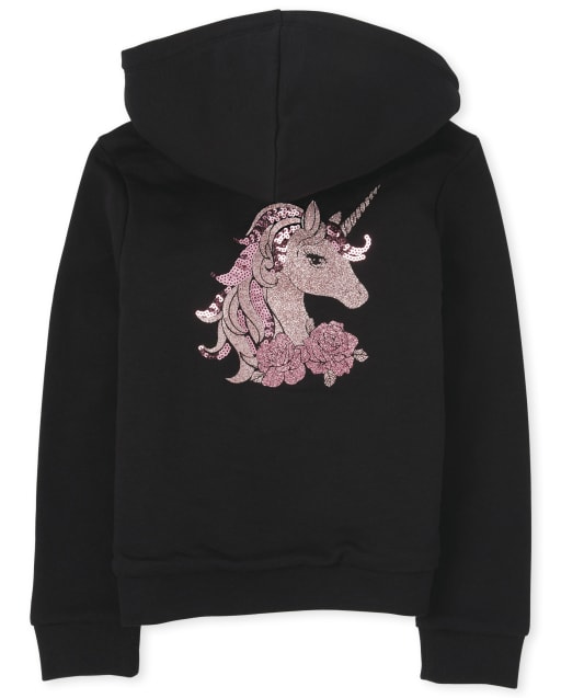 Girls Long Sleeve Glitter Sherpa Zip Up Hoodie - BLACK | The