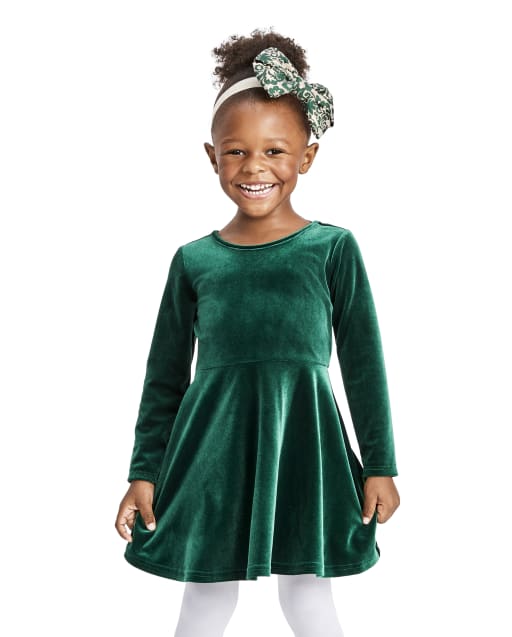 Baby And Toddler Girls Long Sleeve Velour Bow Back Dress - GREEN