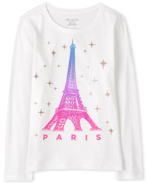 Girls Long Sleeve 'Paris' Eiffel Tower Graphic Tee - WHITE | The