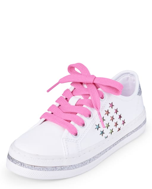 Girls Glitter Rainbow Stars Faux Leather Low Top Sneakers - WHITE