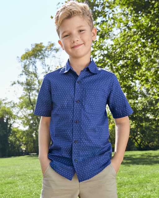 boys blue dress shirt Short Sleeve Print Poplin Button Up - Maternity Gwen Satin Dress [color:BLACK SEQUIN ]color:Black while the shirttail hem Color:Dusty rose