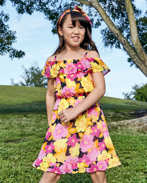 Girls Short Sleeve Floral Cold Shoulder Woven Ruffle Dress - BLACK