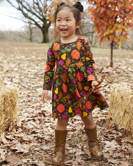 Baby And Toddler Girls Long Sleeve Leaf Print Knit Babydoll Dress - BROWN