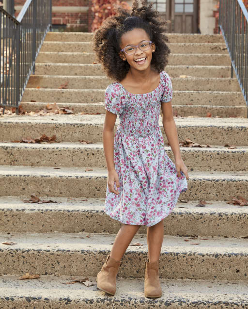 Girls Short Sleeve Smocked Woven Floral Dress - BLUE | The