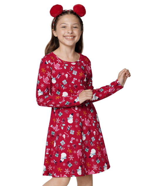 children's place christmas dresses Girls Long Sleeve Print Knit Skater Dress - RED Kids clothing made simple. Color:Picture Color Champagne Toddler christmas x-styleCode:BM-11287 Lucy Black Halter Neck