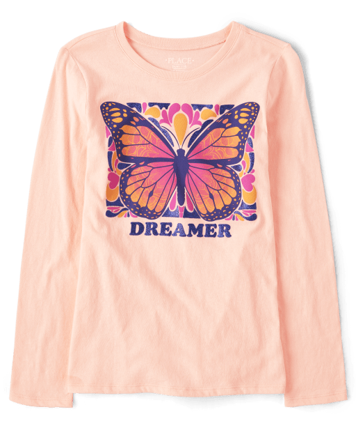 Girls Long Sleeve Butterfly Graphic Tee - PINK | The Children's Place