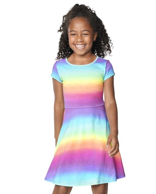 Girls Short Sleeve Print Knit Skater Dress - PINK | The Children's