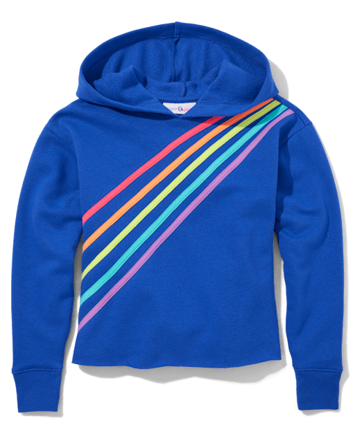 Teen Girls Long Sleeve Rainbow Striped Cropped Cozy Hoodie - BLUE
