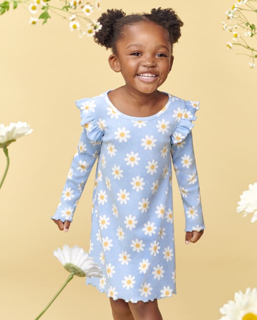 toddler blue floral dress Baby And Girls Long Sleeve Daisy Print Knit Flutter - party blue dress for girls