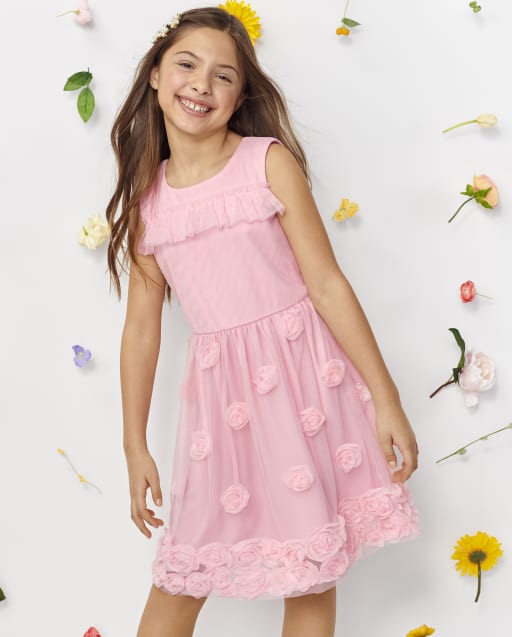 Girls Sleeveless 3D Floral Woven Dress - PINK