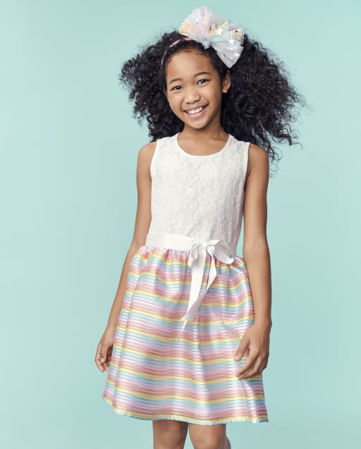 Girls Sleeveless Striped Lace Knit To Woven Dress - ORANGE