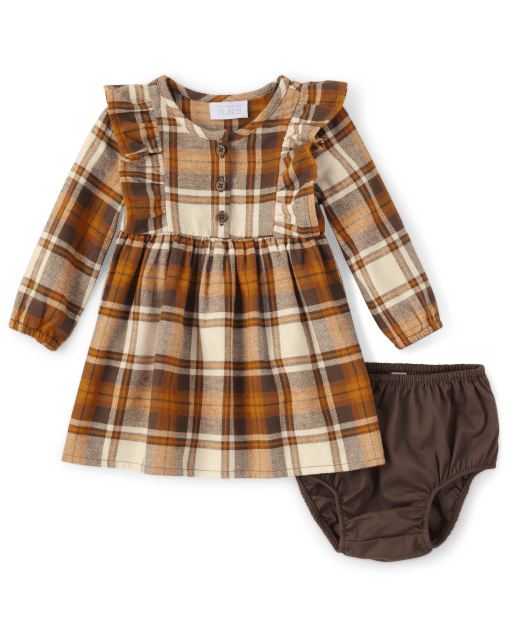 Baby Girls Matching Family Long Sleeve Plaid Flannel Woven Shirt Dress - CREAM