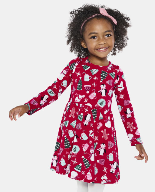 Baby And Toddler Girls Mix And Match Long Sleeve Christmas Print Knit Skater Dress - RED