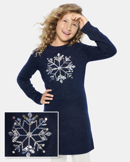 Girls Long Sleeve Sequin Snowflake Knit Sweater Dress - BLUE
