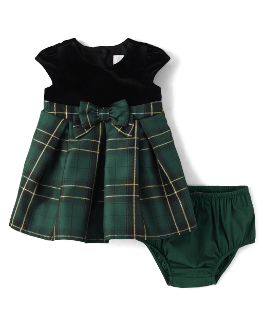 plaid christmas dress infant Baby Girls Matching Family Short Sleeve Velour Knit Fit And Flare - BLACK Green plaid