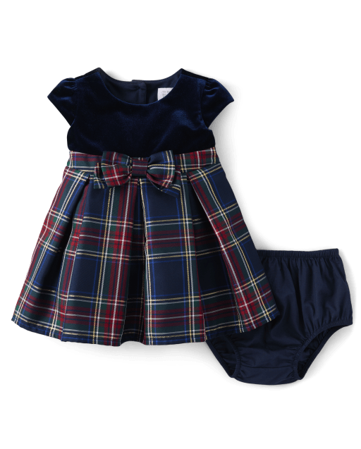 newborn plaid christmas dress Baby Girls Matching Family Short Sleeve Velour Woven Fit And Flare - BLUE Tartan dress