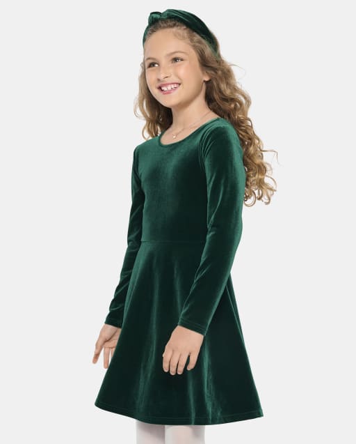 Girls Mommy And Me Christmas Long Sleeve Velour Knit Skater Dress - GREEN