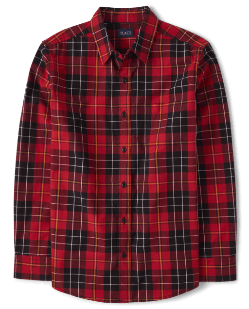 Mens Matching Family Christmas Long Sleeve Plaid Poplin Button Up Shirt - RED