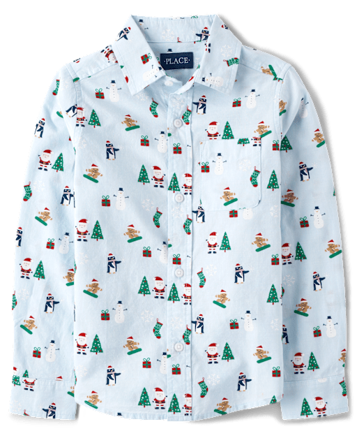 Boys Long Sleeve Christmas Print Poplin Button Up Shirt