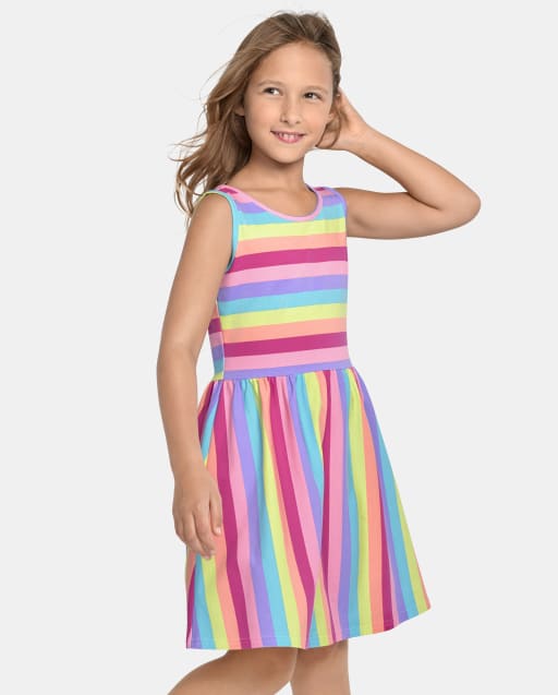 Girls Sleeveless Rainbow Striped Knit Cross Back Everyday Dress - MULTI