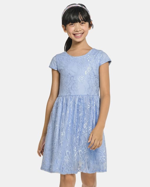 Girls Short Sleeve Lace Woven Fit And Flare Dress - BLUE | The