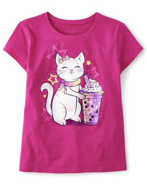Girls Short Sleeve Cat Frappe Graphic Tee - PINK | The Children's