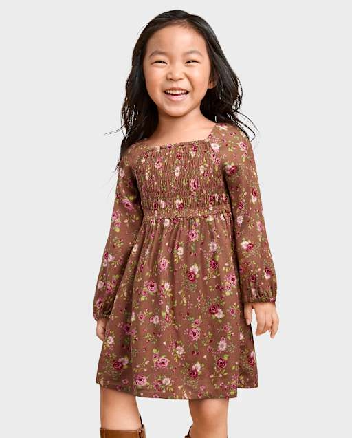 brown floral toddler dress Baby And Girls Smocked Width:E