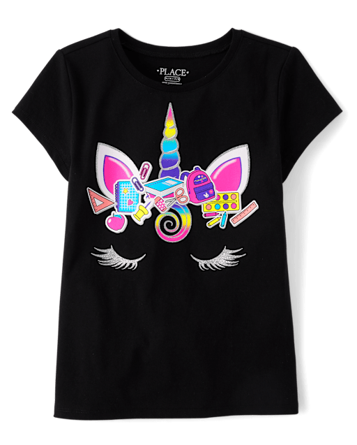 Girls Short Sleeve Unicorn Face Graphic Tee - BLACK | The Girls Short Sleeve Unicorn Face Graphic Tee - BLACK | The