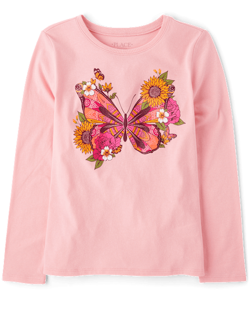 Girls Long Sleeve Butterfly Graphic Tee - PINK | The Children's Place