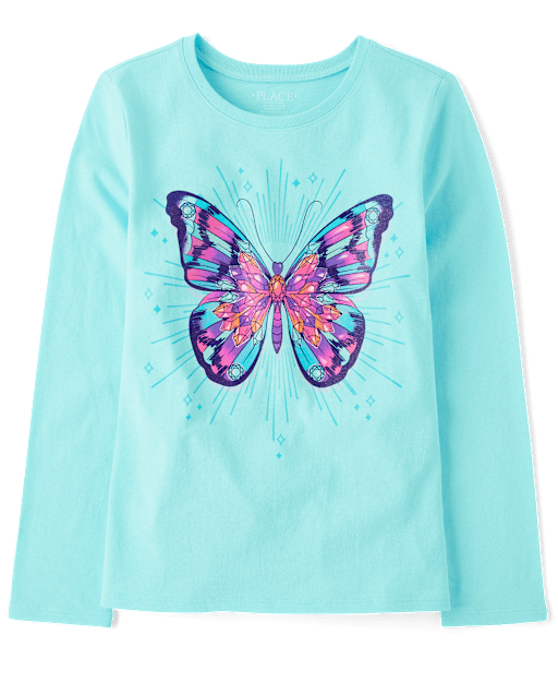 Girls Long Sleeve Butterfly Graphic Tee - BLUE | The Children's Place