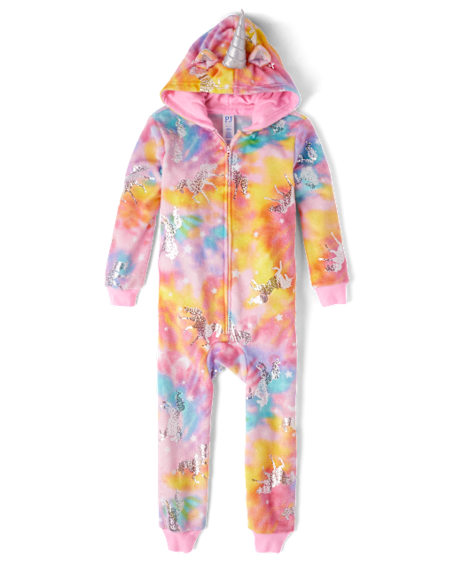 Girls Long Sleeve Tie Dye Unicorn Print Fleece One Piece Pajamas