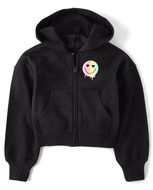 Girls Active Long Sleeve Rainbow Happy Vibes Fleece Cropped Zip Up
