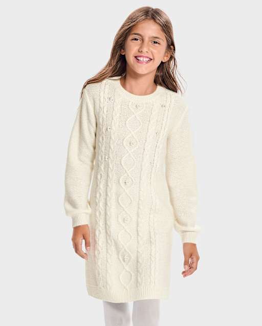 cable knit sweater dress white Girls Beaded white sweater dress long sleeve