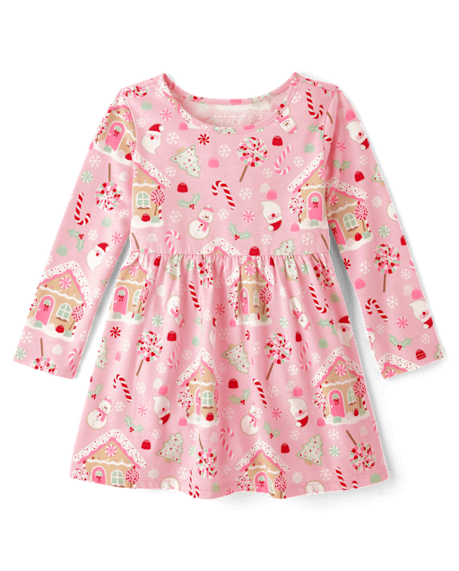 Baby And Toddler Girls Long Sleeve Christmas Print Everyday Dress - PINK