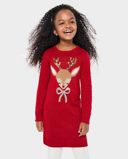 Girls Christmas Long Sleeve Reindeer Sweater Dress - RED