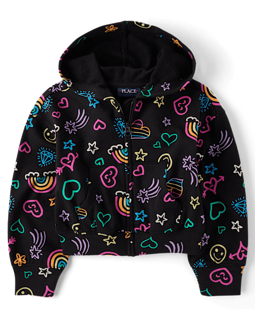 Girls Active Long Sleeve Rainbow Doodle Print Zip Up Hoodie
