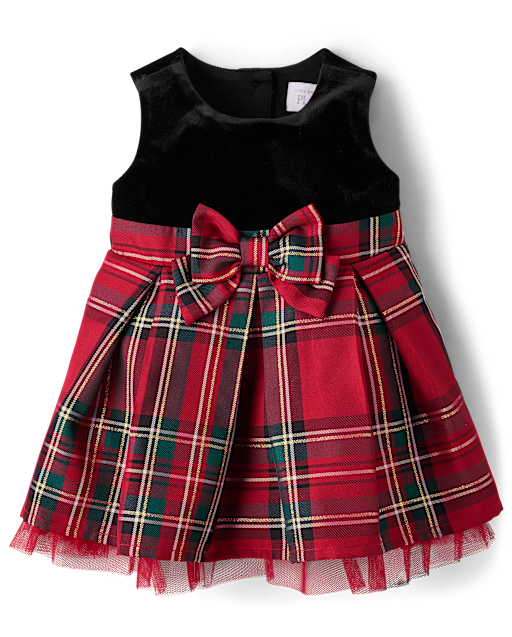 Baby Girls Matching Family Sleeveless Plaid Velour Fit And Flare Dress - RED