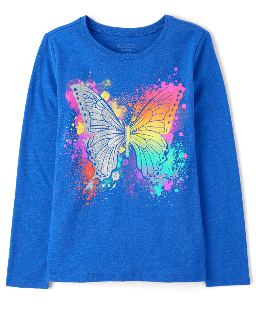Girls Long Sleeve Rainbow Butterfly Graphic Tee - BLUE | The
