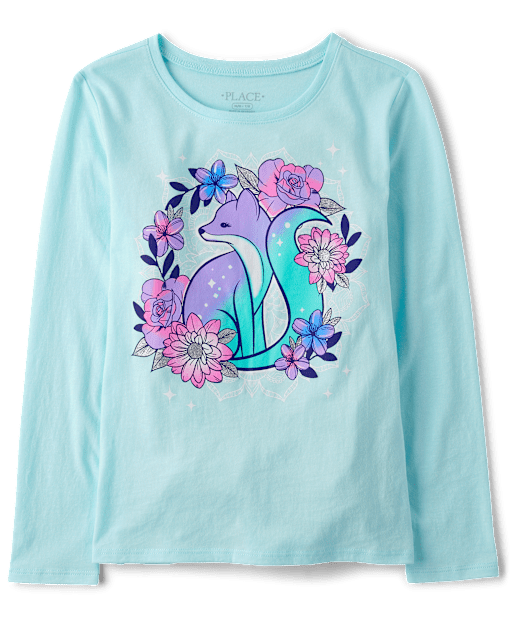 Girls Long Sleeve Fox Graphic Tee - BLUE | The Children's Place