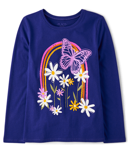 Girls Long Sleeve Butterfly Rainbow Graphic Tee - PURPLE | The