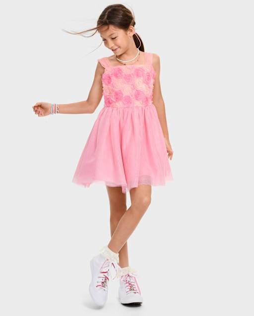 USA製Rose pink girly dress★accessory★ Girls Sleeveless 3D Rosette Mesh Fit And Flare Dress - PINK | The