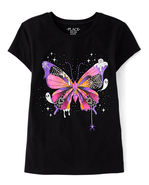 Girls Short Sleeve Glow Butterfly Graphic Tee - BLACK | The