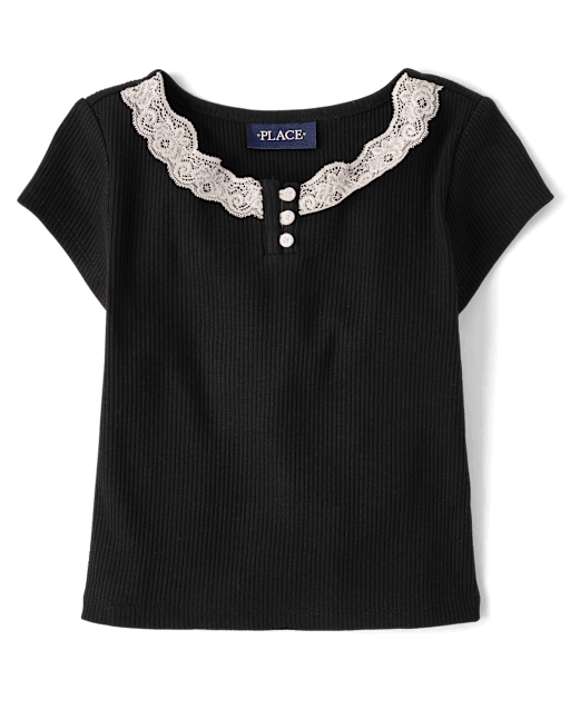 Girls Short Sleeve Ribbed Lace Henley Top - BLACK | The Children's