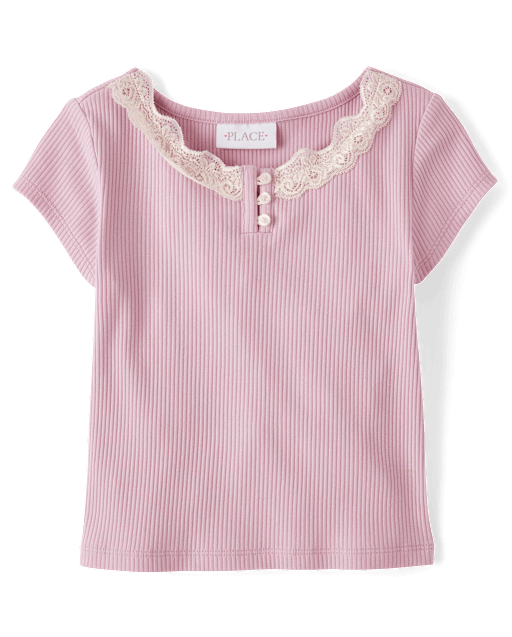 Girls Short Sleeve Ribbed Lace Henley Top - PURPLE | The