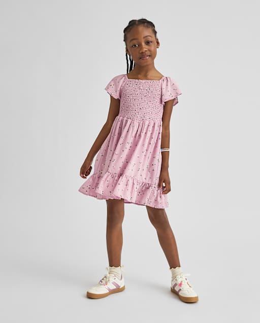 Girls Short Flutter Sleeve Floral Smocked Ruffle Dress - PURPLE