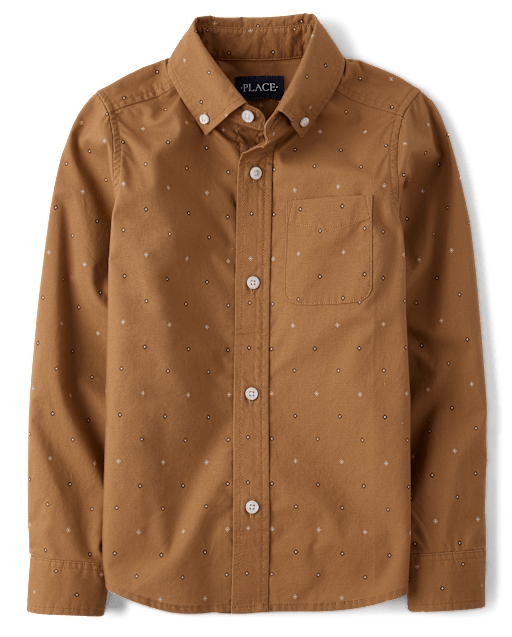 Boys Long Sleeve Print Poplin Button Up Shirt - BROWN