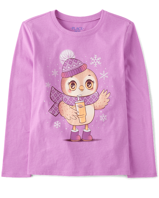 Girls Long Sleeve Winter Owl Graphic Tee - PURPLE | The Children's