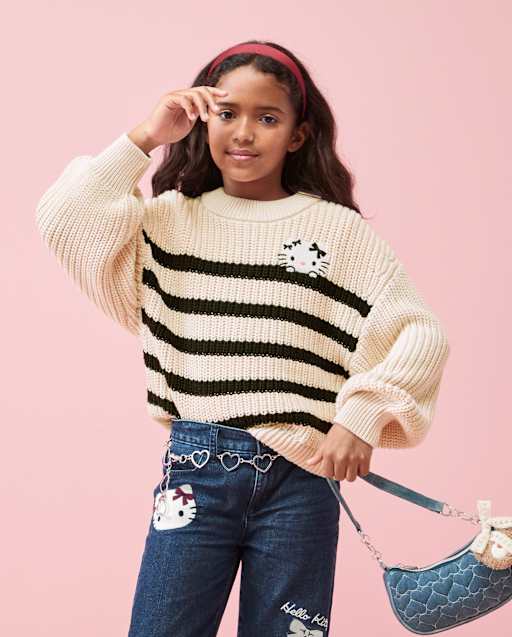 Kitty knit set ベージュ　andmary Girls Long Sleeve Hello Kitty Embroidered Striped Sweater - CREAM